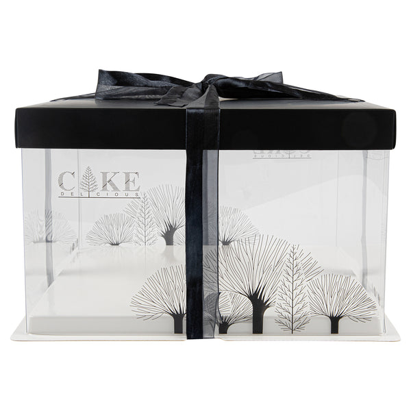 Restaurantware Sweet Vision Square Clear Plastic Cake Box - Black Lid And White Base Black Ribbon Tree Accent - 10" X 10" X 8 1/4" - 10 Count Box