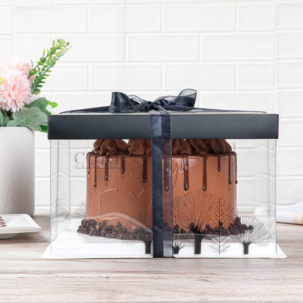 Restaurantware Sweet Vision Square Clear Plastic Cake Box - Black Lid And White Base Black Ribbon Tree Accent - 10" X 10" X 8 1/4" - 10 Count Box