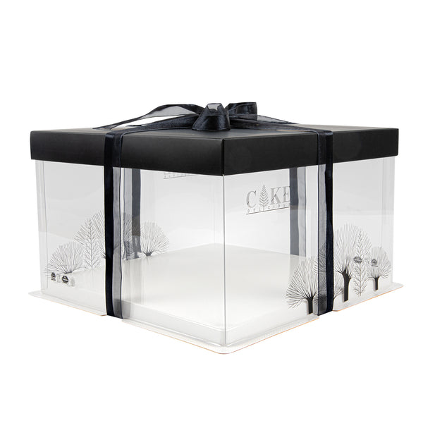 Restaurantware Sweet Vision Square Clear Plastic Cake Box - Black Lid And White Base Black Ribbon Tree Accent - 10" X 10" X 8 1/4" - 10 Count Box