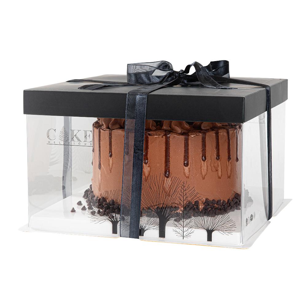 restaurantware Sweet Vision Square Clear Plastic Cake Box - Black Lid and White Base Black Ribbon Tree Accent - 10" x 10" x 8 1/4" - 10 count box