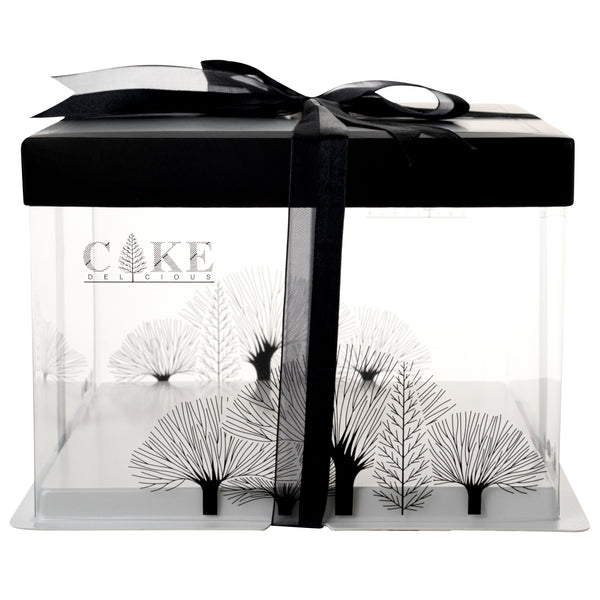 Restaurantware Sweet Vision Square Clear Plastic Cake Box - Black Lid And White Base Black Ribbon Tree Accent - 8 1/2" X 8 1/2" X 6 3/4" - 10 Count Box