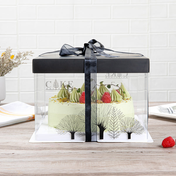 Restaurantware Sweet Vision Square Clear Plastic Cake Box - Black Lid And White Base Black Ribbon Tree Accent - 8 1/2" X 8 1/2" X 6 3/4" - 10 Count Box