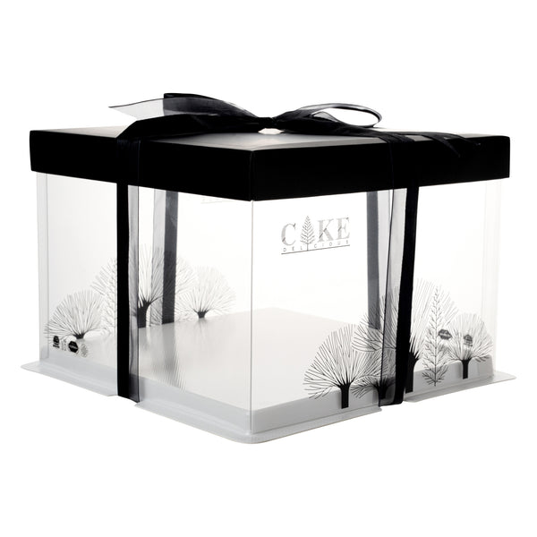 Restaurantware Sweet Vision Square Clear Plastic Cake Box - Black Lid And White Base Black Ribbon Tree Accent - 8 1/2" X 8 1/2" X 6 3/4" - 10 Count Box