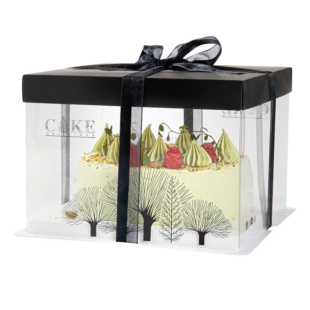 restaurantware Sweet Vision Square Clear Plastic Cake Box - Black Lid and White Base Black Ribbon Tree Accent - 8 1/2" x 8 1/2" x 6 3/4" - 10 count box