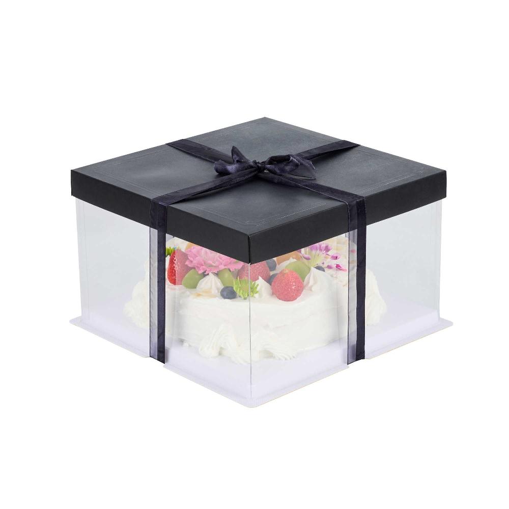 restaurantware Sweet Vision Square Clear Plastic Cake Box - Black Lid and White Base Black Ribbon - 10" x 10" x 8 1/4" - 10 count box
