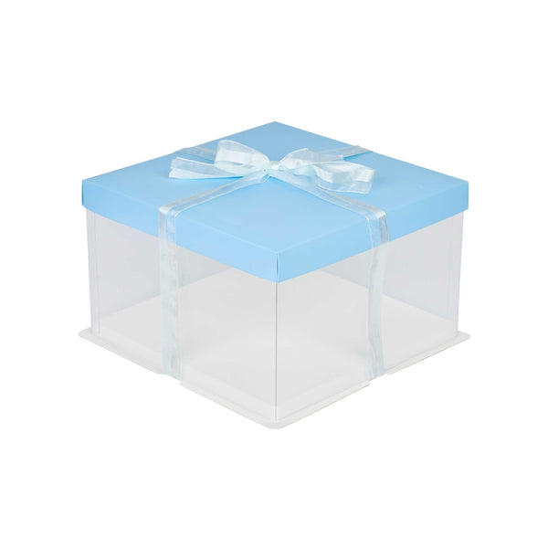 Restaurantware Sweet Vision Square Clear Plastic Cake Box - Blue Lid And White Base Blue Ribbon - 10" X 10" X 8 1/4" - 10 Count Box