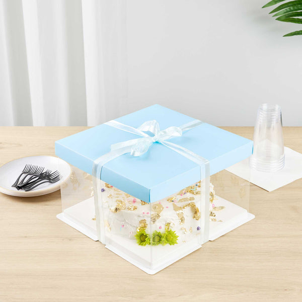 Restaurantware Sweet Vision Square Clear Plastic Cake Box - Blue Lid And White Base Blue Ribbon - 10" X 10" X 8 1/4" - 10 Count Box