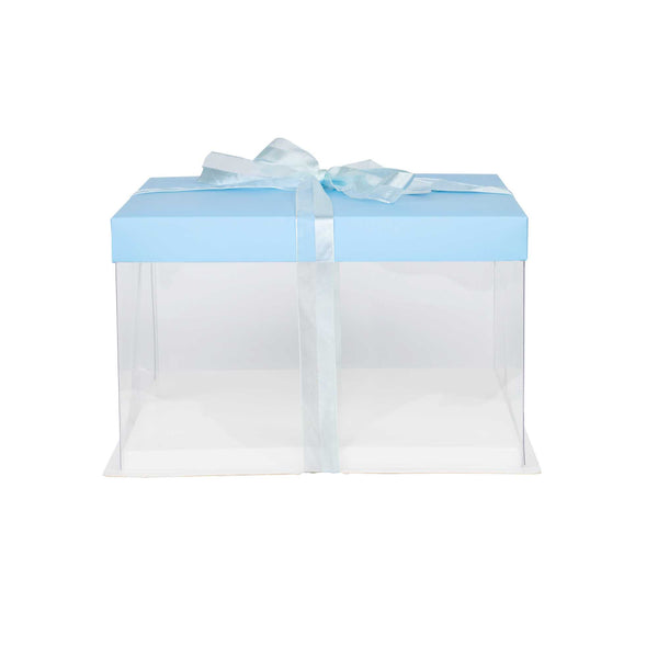 Restaurantware Sweet Vision Square Clear Plastic Cake Box - Blue Lid And White Base Blue Ribbon - 10" X 10" X 8 1/4" - 10 Count Box
