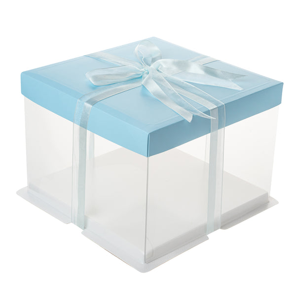 Restaurantware Sweet Vision Square Clear Plastic Cake Box - Blue Lid And White Base Blue Ribbon - 8 1/2" X 8 1/2" X 6 3/4" - 10 Count Box