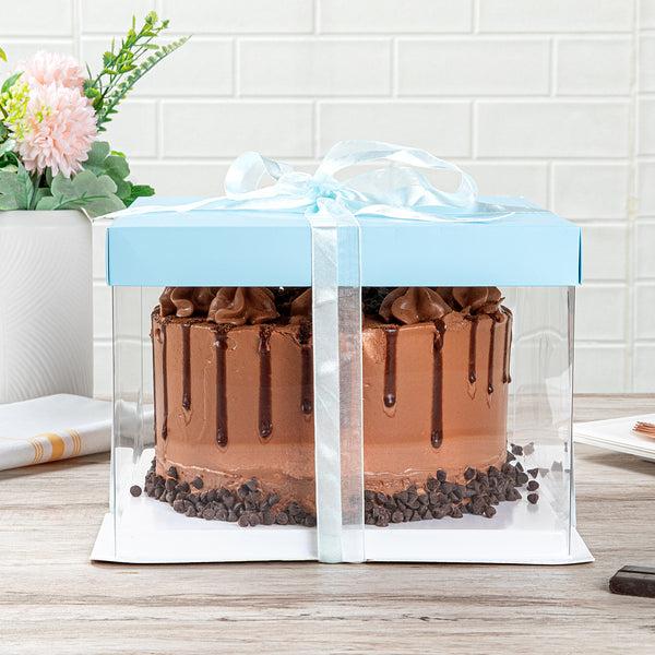 Restaurantware Sweet Vision Square Clear Plastic Cake Box - Blue Lid And White Base Blue Ribbon - 8 1/2" X 8 1/2" X 6 3/4" - 10 Count Box
