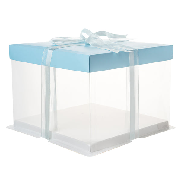 Restaurantware Sweet Vision Square Clear Plastic Cake Box - Blue Lid And White Base Blue Ribbon - 8 1/2" X 8 1/2" X 6 3/4" - 10 Count Box
