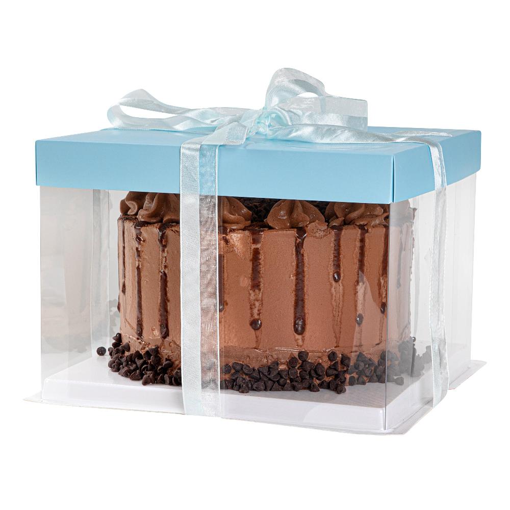restaurantware Sweet Vision Square Clear Plastic Cake Box - Blue Lid and White Base Blue Ribbon - 8 1/2" x 8 1/2" x 6 3/4" - 10 count box