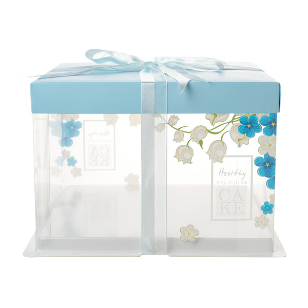 Restaurantware Sweet Vision Square Clear Plastic Cake Box - Blue Lid And White Base Blue Ribbon Flower Accent - 8 1/2" X 8 1/2" X 6 3/4" - 10 Count Box