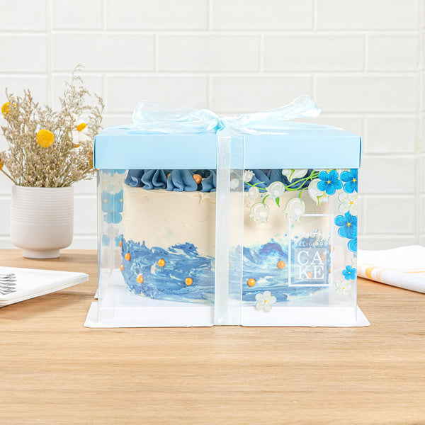Restaurantware Sweet Vision Square Clear Plastic Cake Box - Blue Lid And White Base Blue Ribbon Flower Accent - 8 1/2" X 8 1/2" X 6 3/4" - 10 Count Box
