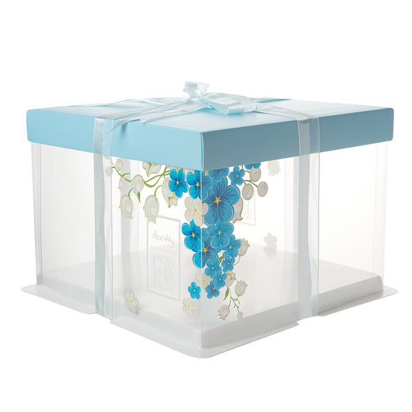 Restaurantware Sweet Vision Square Clear Plastic Cake Box - Blue Lid And White Base Blue Ribbon Flower Accent - 8 1/2" X 8 1/2" X 6 3/4" - 10 Count Box