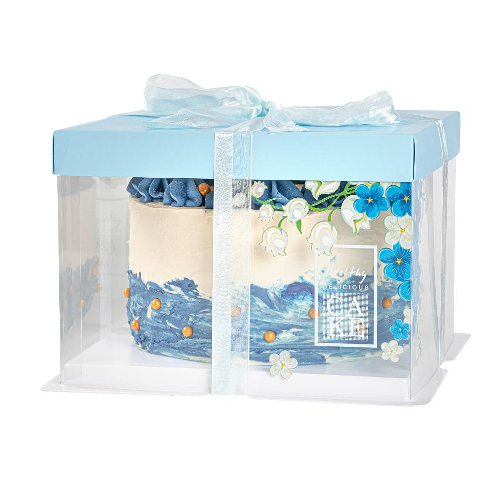 restaurantware Sweet Vision Square Clear Plastic Cake Box - Blue Lid and White Base Blue Ribbon Flower Accent - 8 1/2" x 8 1/2" x 6 3/4" - 10 count box