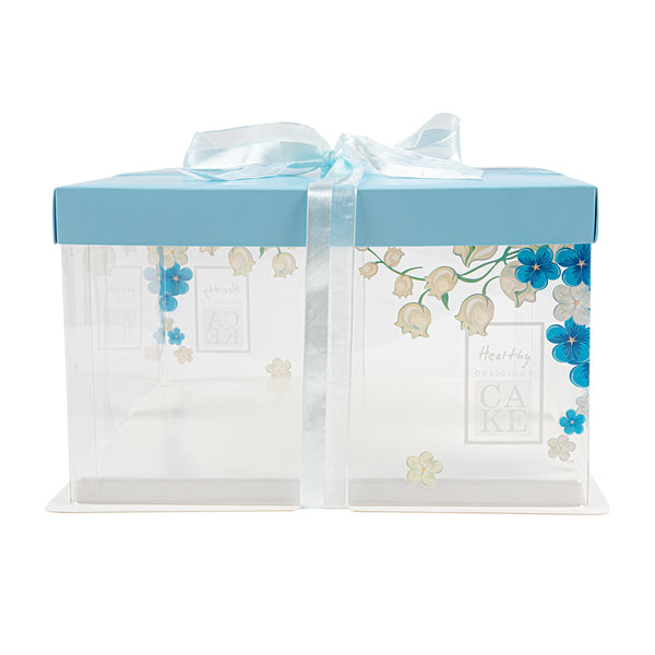 Restaurantware Sweet Vision Square Clear Plastic Cake Box - Blue Lid And White Base Blue Ribbon Flower Accent - 10" X 10" X 8 1/4" - 10 Count Box