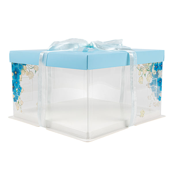 Restaurantware Sweet Vision Square Clear Plastic Cake Box - Blue Lid And White Base Blue Ribbon Flower Accent - 10" X 10" X 8 1/4" - 10 Count Box