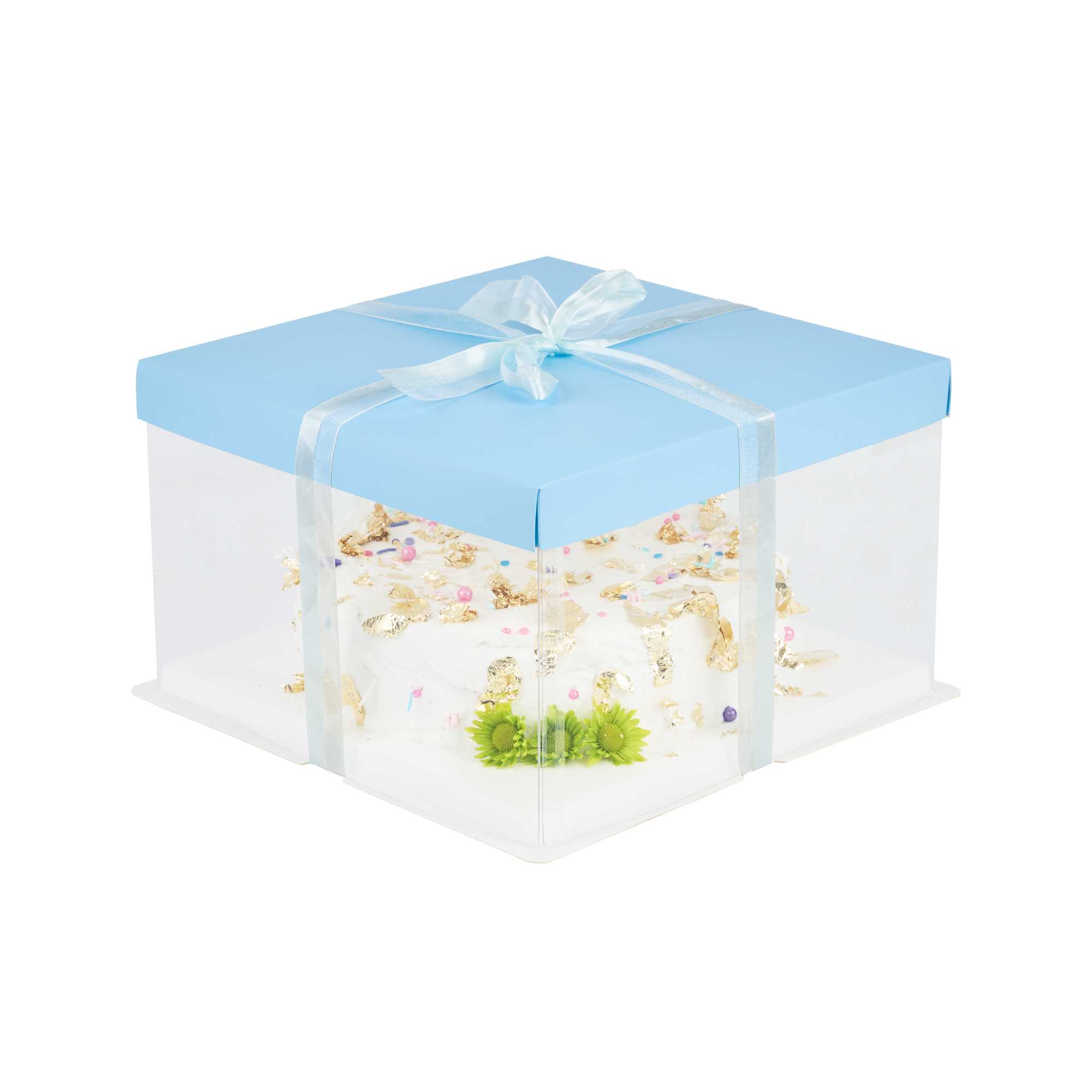 restaurantware Sweet Vision Square Clear Plastic Cake Box - Blue Lid and White Base Blue Ribbon - 10" x 10" x 8 1/4" - 10 count box