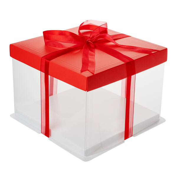 Restaurantware Sweet Vision Square Clear Plastic Cake Box - Red Lid And White Base Red Ribbon - 8 1/2" X 8 1/2" X 6 3/4" - 10 Count Box