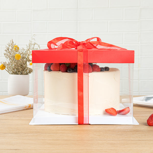 Restaurantware Sweet Vision Square Clear Plastic Cake Box - Red Lid And White Base Red Ribbon - 8 1/2" X 8 1/2" X 6 3/4" - 10 Count Box