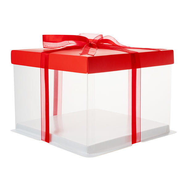 Restaurantware Sweet Vision Square Clear Plastic Cake Box - Red Lid And White Base Red Ribbon - 8 1/2" X 8 1/2" X 6 3/4" - 10 Count Box