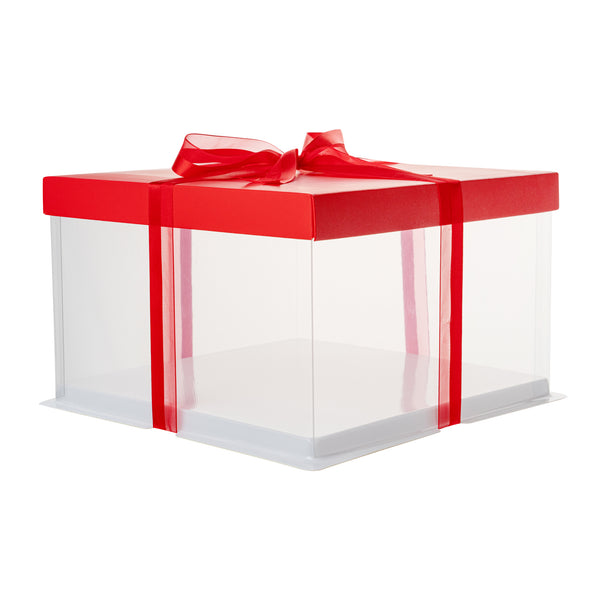 Restaurantware Sweet Vision Square Clear Plastic Cake Box - Red Lid And White Base Red Ribbon - 10" X 10" X 8 1/4" - 10 Count Box