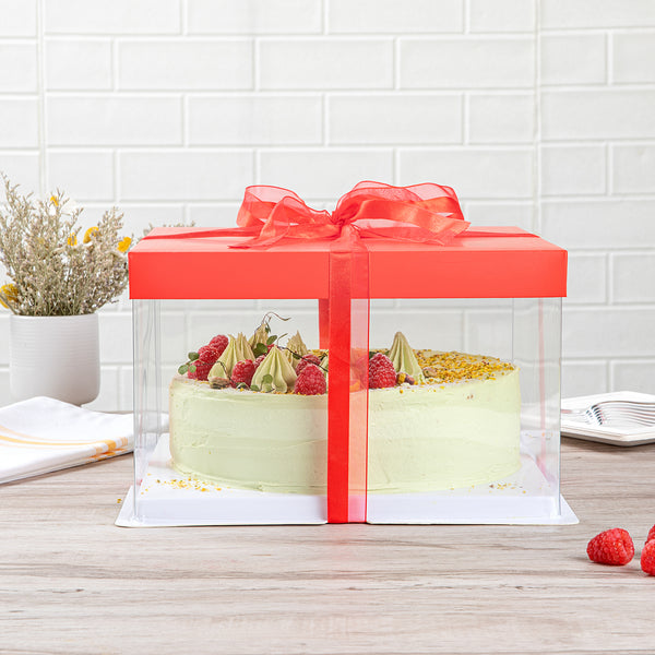 Restaurantware Sweet Vision Square Clear Plastic Cake Box - Red Lid And White Base Red Ribbon - 10" X 10" X 8 1/4" - 10 Count Box