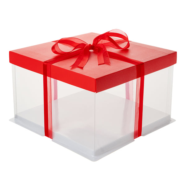 Restaurantware Sweet Vision Square Clear Plastic Cake Box - Red Lid And White Base Red Ribbon - 10" X 10" X 8 1/4" - 10 Count Box