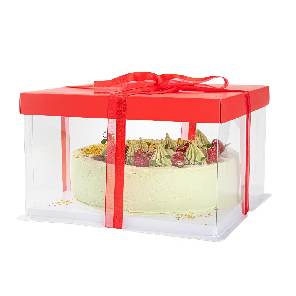 restaurantware Sweet Vision Square Clear Plastic Cake Box - Red Lid and White Base Red Ribbon - 10" x 10" x 8 1/4" - 10 count box
