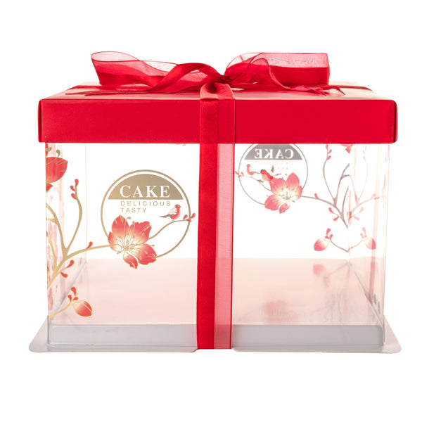 Restaurantware Sweet Vision Square Clear Plastic Cake Box - Red Lid / Ribbon White Base Flower / Bird Accent - 8 1/2" X 8 1/2" X 6 3/4" - 10 Count Box