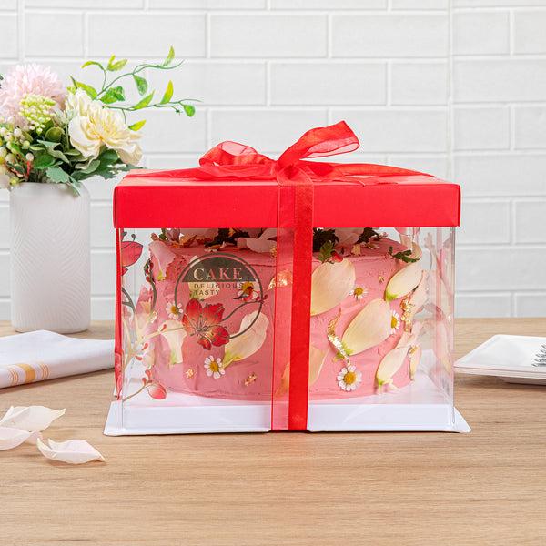 Restaurantware Sweet Vision Square Clear Plastic Cake Box - Red Lid / Ribbon White Base Flower / Bird Accent - 8 1/2" X 8 1/2" X 6 3/4" - 10 Count Box