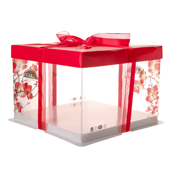 Restaurantware Sweet Vision Square Clear Plastic Cake Box - Red Lid / Ribbon White Base Flower / Bird Accent - 8 1/2" X 8 1/2" X 6 3/4" - 10 Count Box