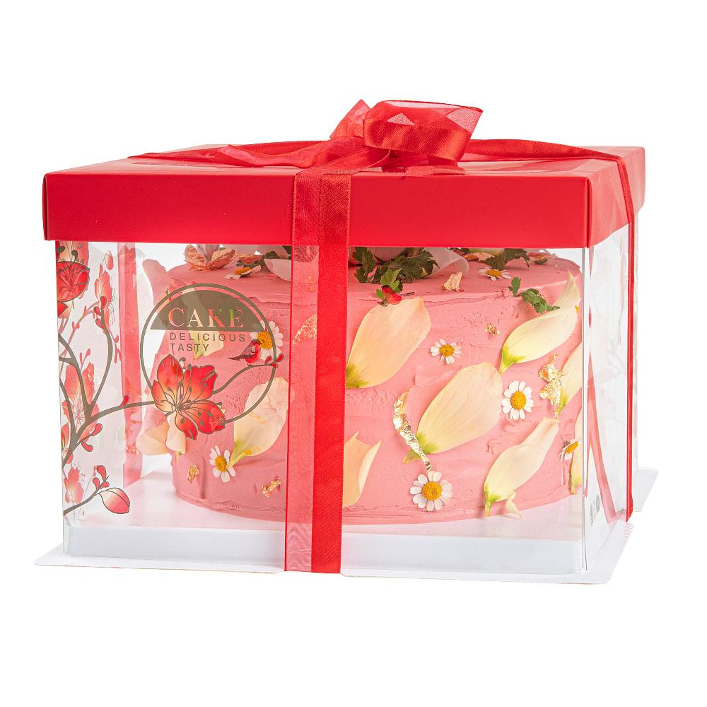 restaurantware Sweet Vision Square Clear Plastic Cake Box - Red Lid / Ribbon White Base Flower / Bird Accent - 8 1/2" x 8 1/2" x 6 3/4" - 10 count box