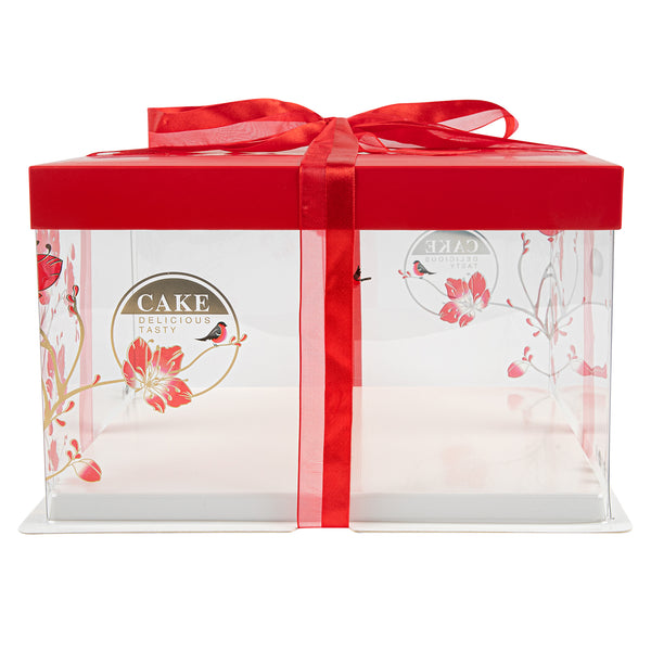 Restaurantware Sweet Vision Square Clear Plastic Cake Box - Red Lid And White Base Red Ribbon Flower / Bird Accent - 10" X 10" X 8 1/4" - 10 Count Box
