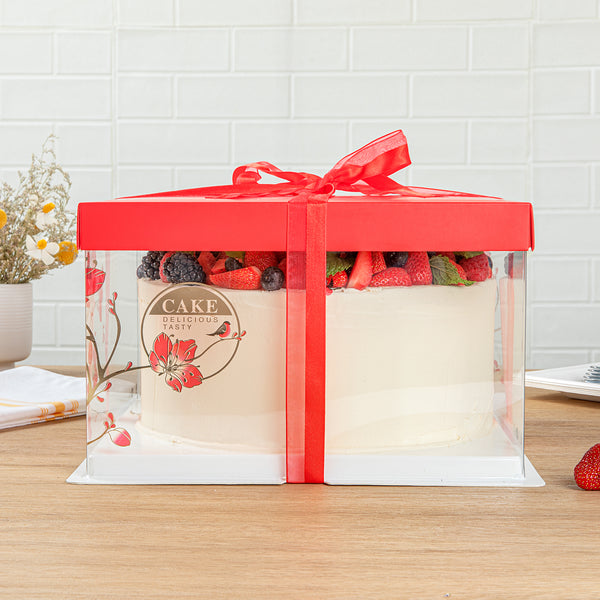 Restaurantware Sweet Vision Square Clear Plastic Cake Box - Red Lid And White Base Red Ribbon Flower / Bird Accent - 10" X 10" X 8 1/4" - 10 Count Box