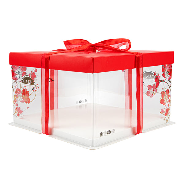 Restaurantware Sweet Vision Square Clear Plastic Cake Box - Red Lid And White Base Red Ribbon Flower / Bird Accent - 10" X 10" X 8 1/4" - 10 Count Box