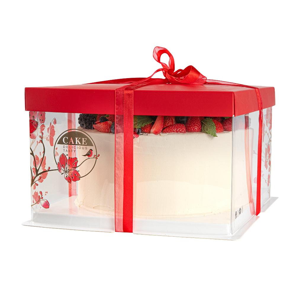 restaurantware Sweet Vision Square Clear Plastic Cake Box - Red Lid and White Base Red Ribbon Flower / Bird Accent - 10" x 10" x 8 1/4" - 10 count box