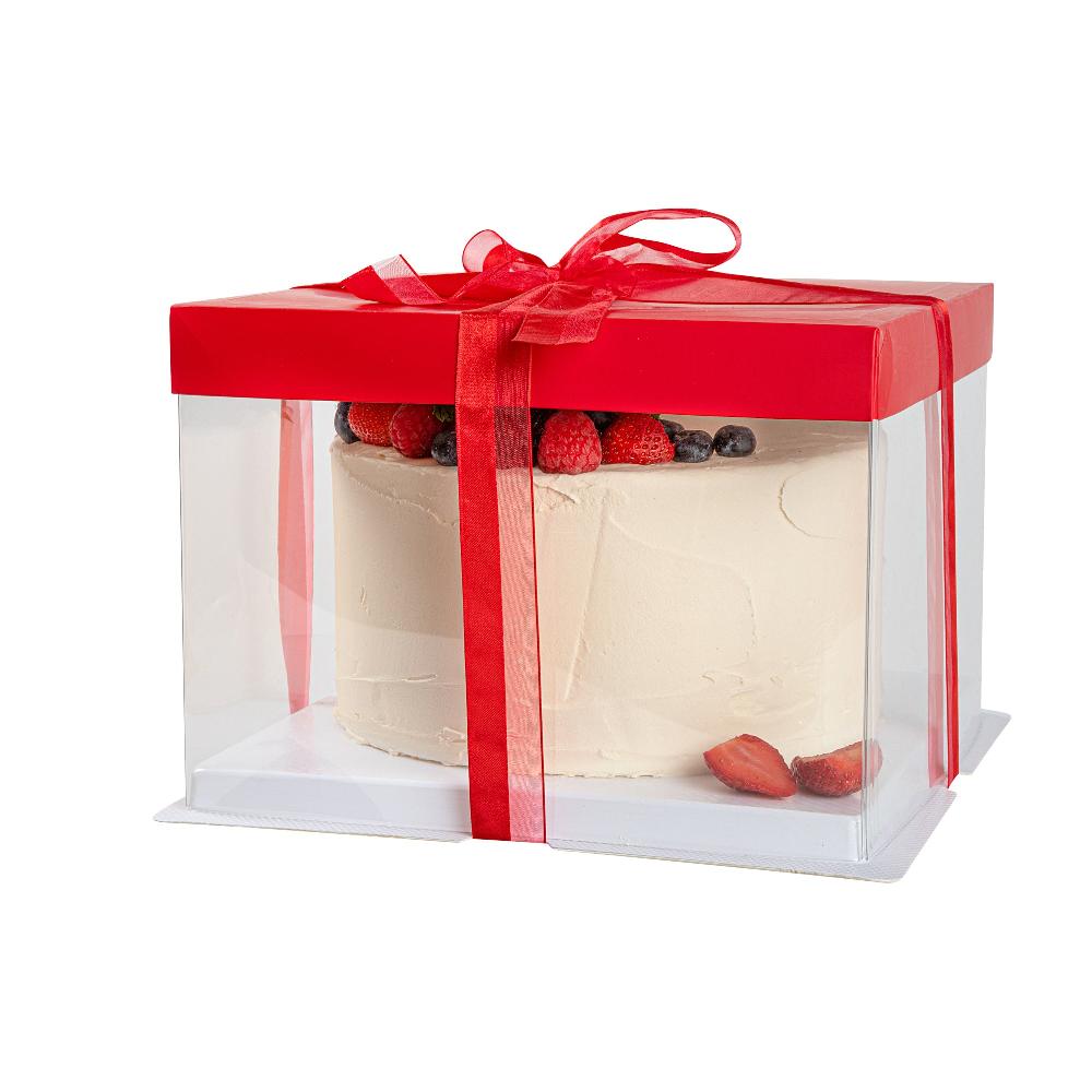 restaurantware Sweet Vision Square Clear Plastic Cake Box - Red Lid and White Base Red Ribbon - 8 1/2" x 8 1/2" x 6 3/4" - 10 count box