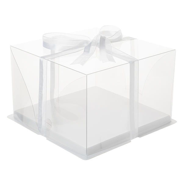 Restaurantware Sweet Vision Square Clear Plastic Cake Box - White Base Gray Ribbon - 10" X 10" X 6 3/4" - 10 Count Box