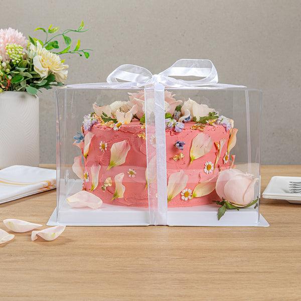 Restaurantware Sweet Vision Square Clear Plastic Cake Box - White Base Gray Ribbon - 10" X 10" X 6 3/4" - 10 Count Box