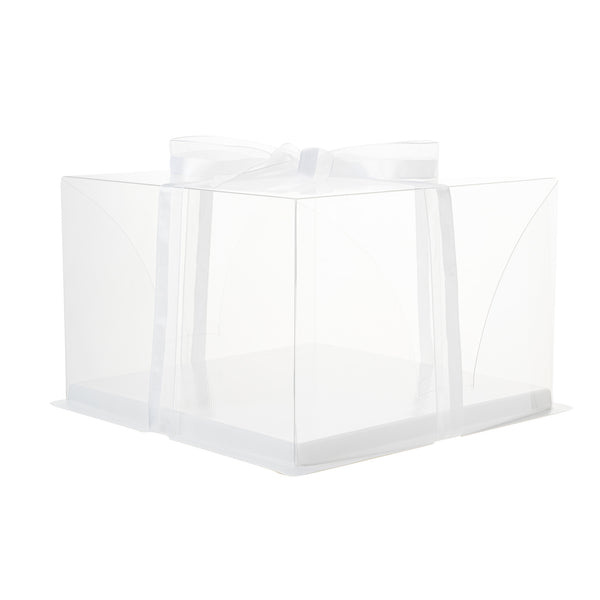 Restaurantware Sweet Vision Square Clear Plastic Cake Box - White Base Gray Ribbon - 10" X 10" X 6 3/4" - 10 Count Box