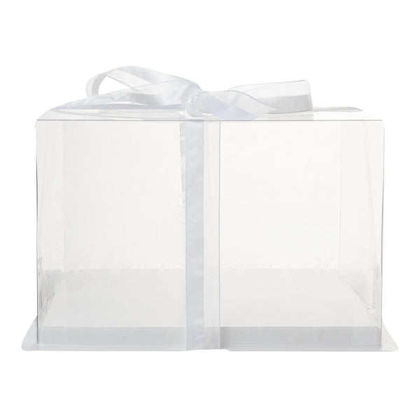 Restaurantware Sweet Vision Square Clear Plastic Cake Box - White Base Gray Ribbon Flower Garden Design - 10" X 10" X 6 3/4" - 10 Count Box