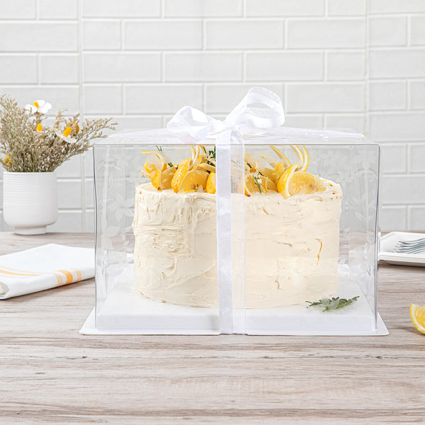 Restaurantware Sweet Vision Square Clear Plastic Cake Box - White Base Gray Ribbon Flower Garden Design - 10" X 10" X 6 3/4" - 10 Count Box