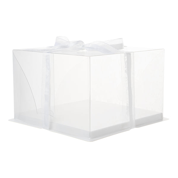 Restaurantware Sweet Vision Square Clear Plastic Cake Box - White Base Gray Ribbon Flower Garden Design - 10" X 10" X 6 3/4" - 10 Count Box