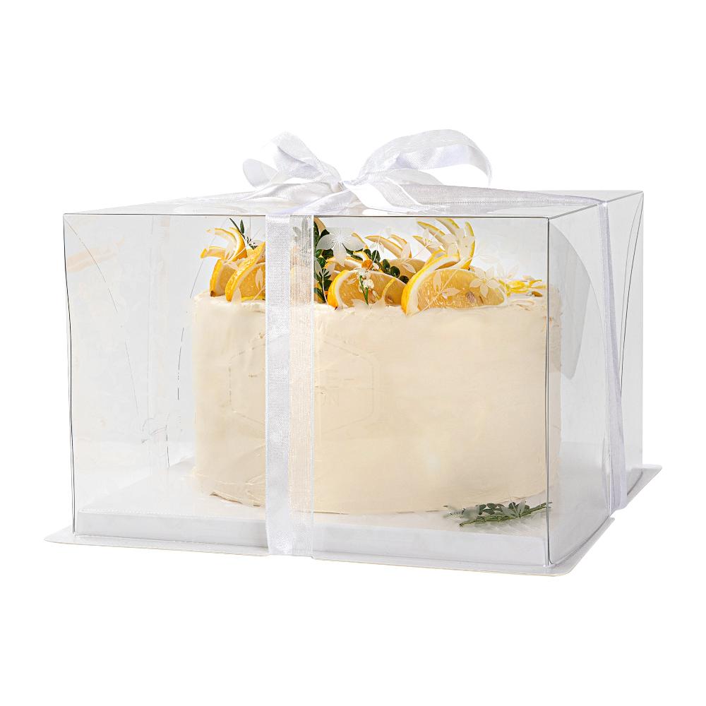 restaurantware Sweet Vision Square Clear Plastic Cake Box - White Base Gray Ribbon Flower Garden Design - 10" x 10" x 6 3/4" - 10 count box