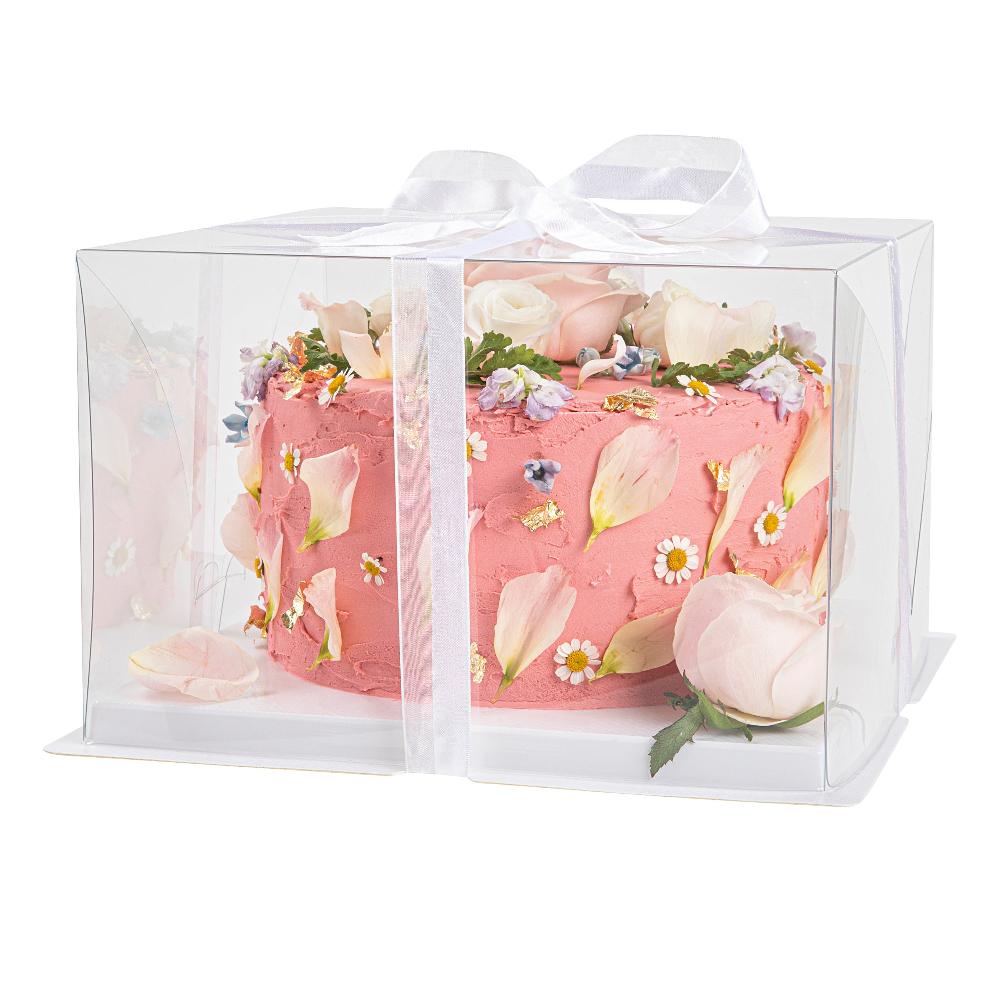 restaurantware Sweet Vision Square Clear Plastic Cake Box - White Base Gray Ribbon - 10" x 10" x 6 3/4" - 10 count box