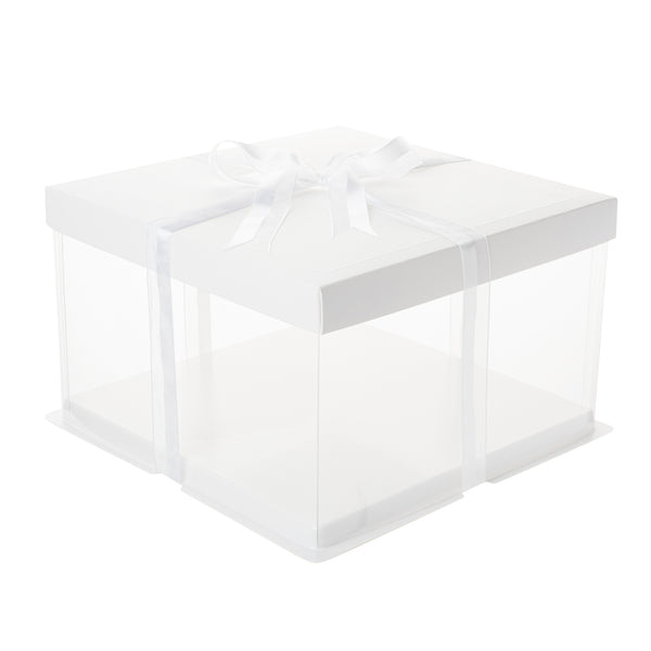 Restaurantware Sweet Vision Square Clear Plastic Cake Box - White Lid And White Base Gray Ribbon - 10" X 10" X 8 1/4" - 10 Count Box