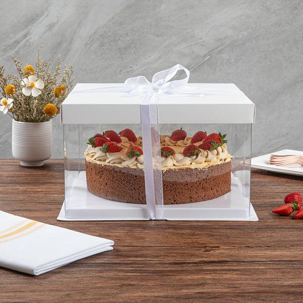 Restaurantware Sweet Vision Square Clear Plastic Cake Box - White Lid And White Base Gray Ribbon - 10" X 10" X 8 1/4" - 10 Count Box
