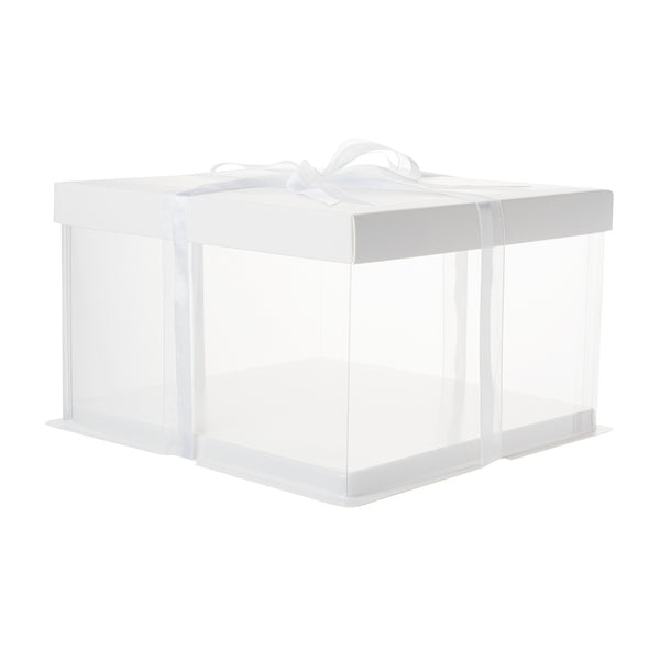 Restaurantware Sweet Vision Square Clear Plastic Cake Box - White Lid And White Base Gray Ribbon - 10" X 10" X 8 1/4" - 10 Count Box